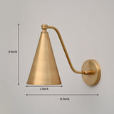 Brass wall sconce showing 9-inch height, 5-inch diameter, and 11-inch depth, featuring a sleek conical shade and solid brass finish.