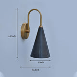 Brass wall sconce with black cone shade showing 11.5-inch height and 5-inch width dimensions for reference