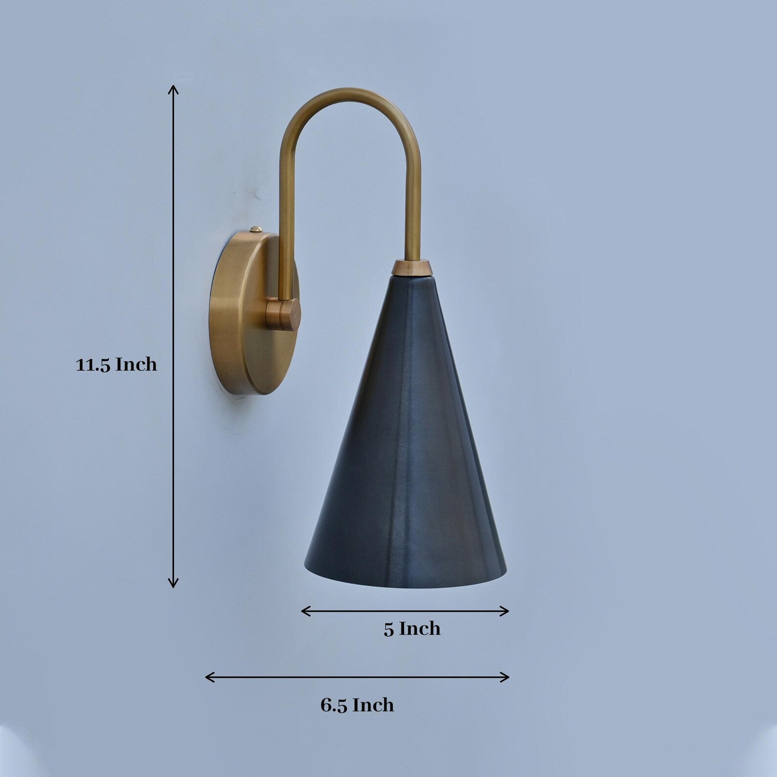 Size guide for Modern Brass Wall Sconce with Black Cone Shade – Handmade Solid Brass Wall Light by Brass Leaf Studio | Minimalist Industrial Design | Customizable Finish & Size 62538