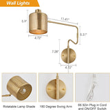 Brass wall sconce with measurements, rotatable lamp shade, 180 degree swing arm and plug in cord detail