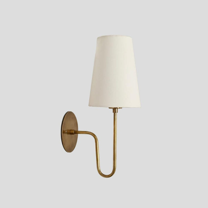 Handmade brass wall sconce with white shade, left-side angle view for interior wall lighting