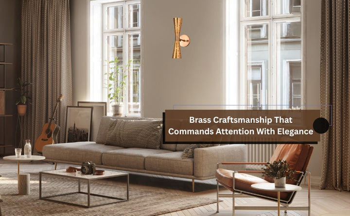 Brass double cone wall sconce mounted in a modern living room above sofa and coffee table