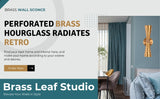 Marketing banner featuring brass wall sconce with text ‘Perforated Brass Hourglass Radiates Retro’ in a stylish interior setting