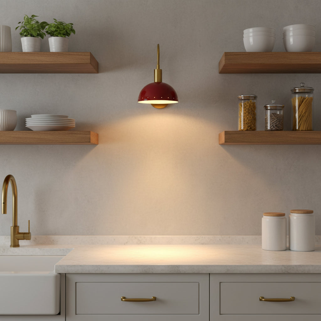 Brass wall sconce with glossy red bowl shade casting a warm downward glow on the wall
