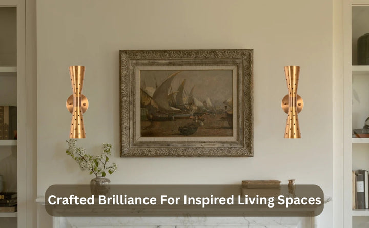 Pair of brass double cone wall sconces framing a classic painting in a traditional living room setting
