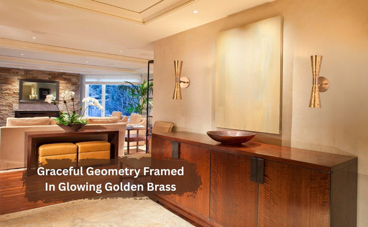 Pair of brass double cone wall sconces in a modern hallway interior with warm ambient lighting