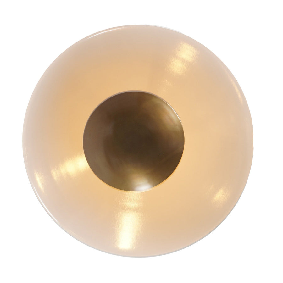 Modern brass and white bowl pendant chandelier with indirect uplight design, handmade by Brass Leaf Studio for dining or living room interiors.