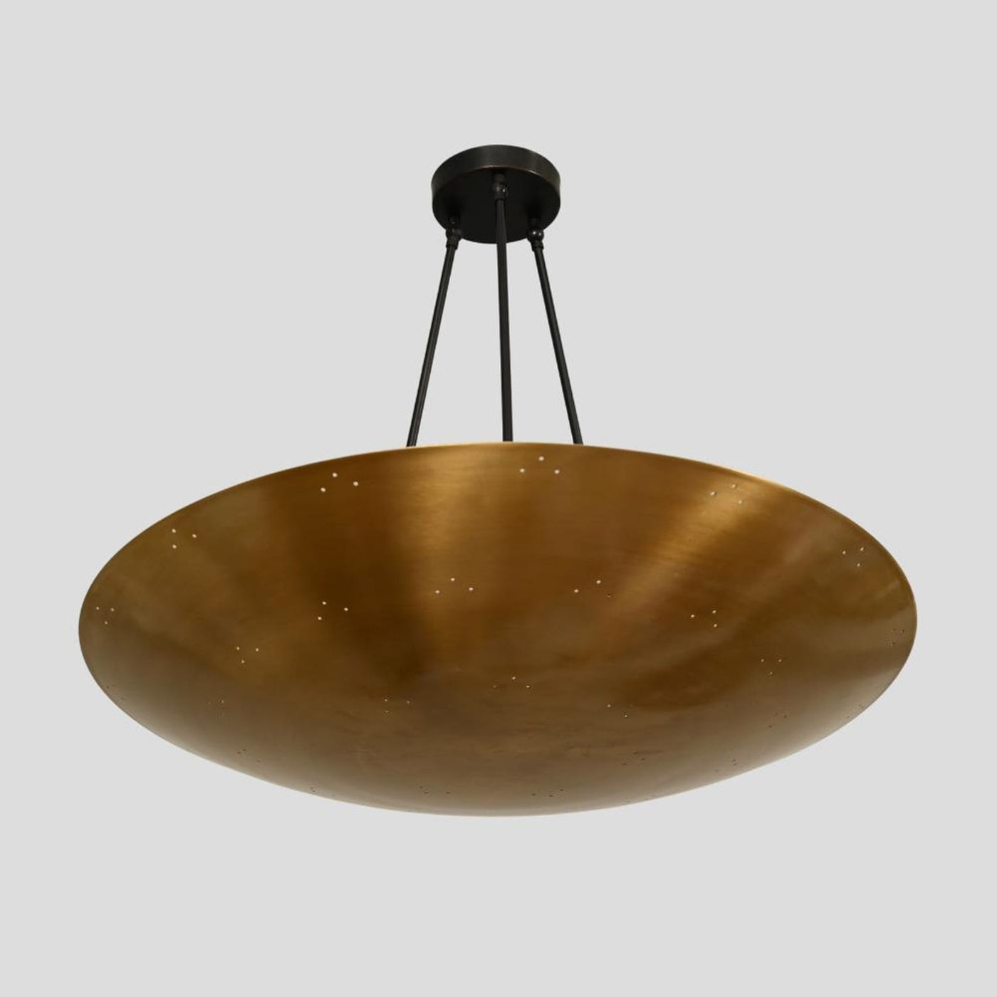 Modern brass wide dome chandelier – handmade pendant ceiling light with black supports and brushed finish by Brass Leaf Studio