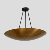 Front view of handmade brass dome chandelier – 3-light pendant with wide bowl shade and matte black suspension rods