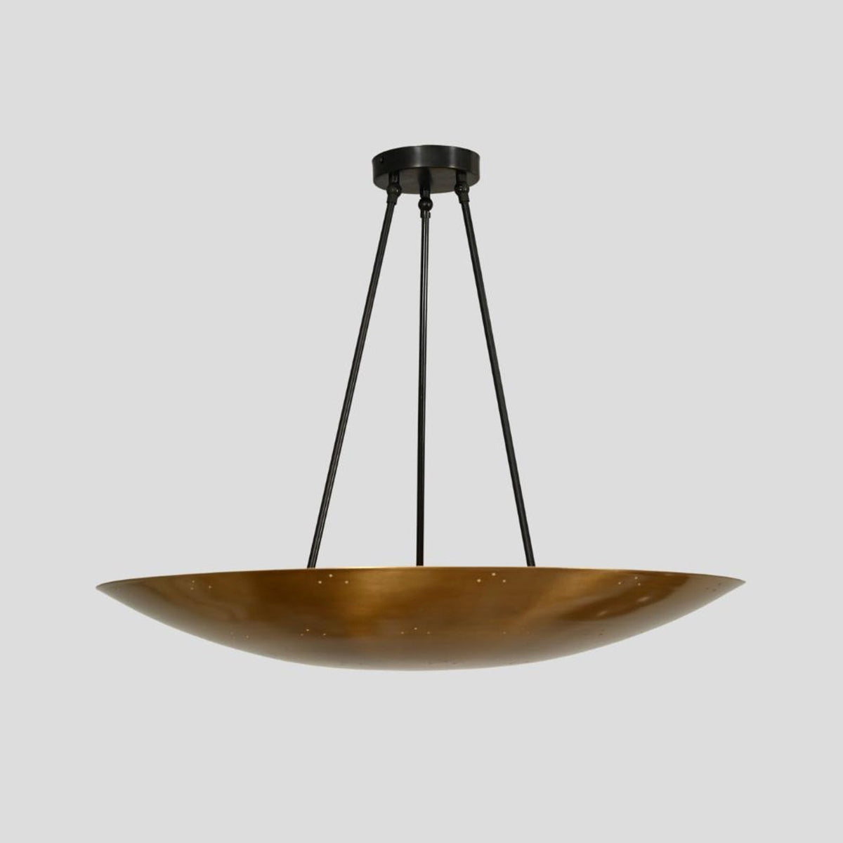 Side view of brass dome chandelier – large bowl pendant light with minimalist industrial design and solid brass construction
