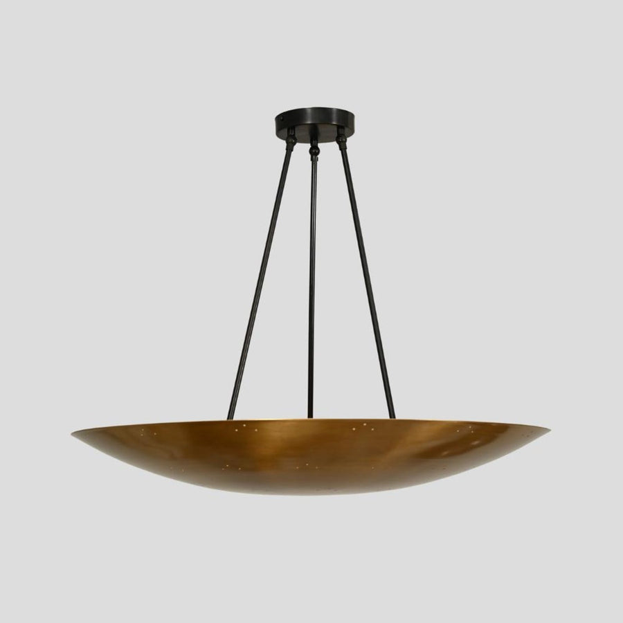 Modern brass wide dome chandelier – handmade pendant ceiling light with black supports and brushed finish by Brass Leaf Studio
