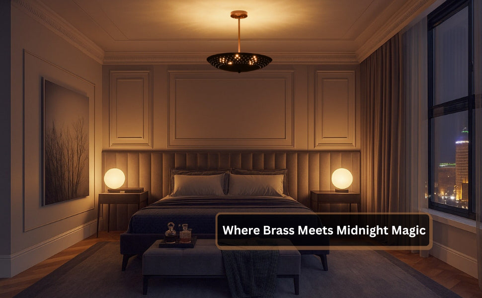 Cozy bedroom with dark brass disc pendant casting a soft ceiling glow at night