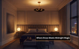 Cozy bedroom with dark brass disc pendant casting a soft ceiling glow at night