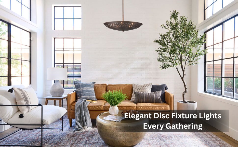 Modern living room with disc-shaped brass pendant light casting warm ambient light