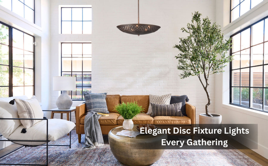 Modern living room with disc-shaped brass pendant light casting warm ambient light