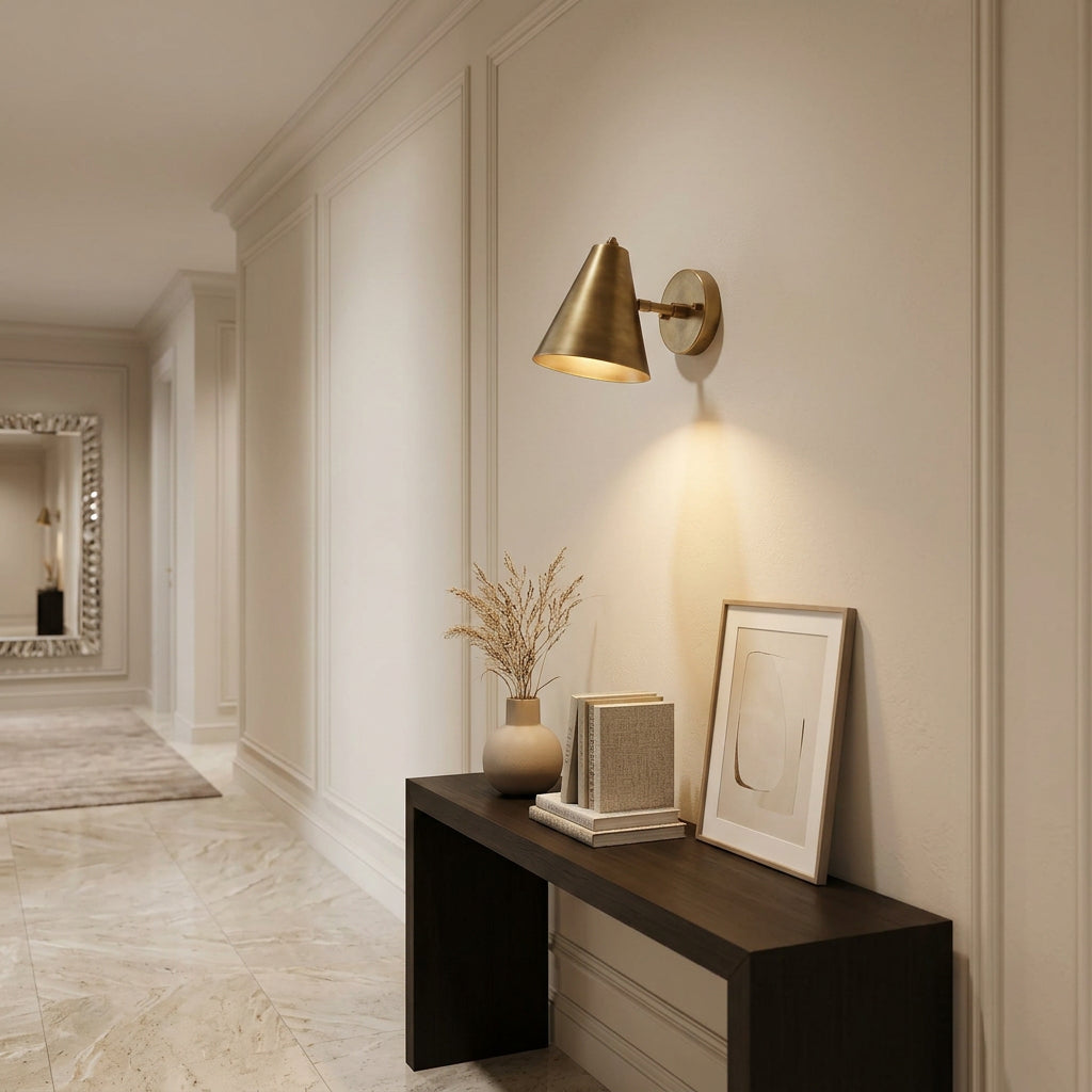 Brass cone wall sconce casting a warm focused downward glow on a neutral wall