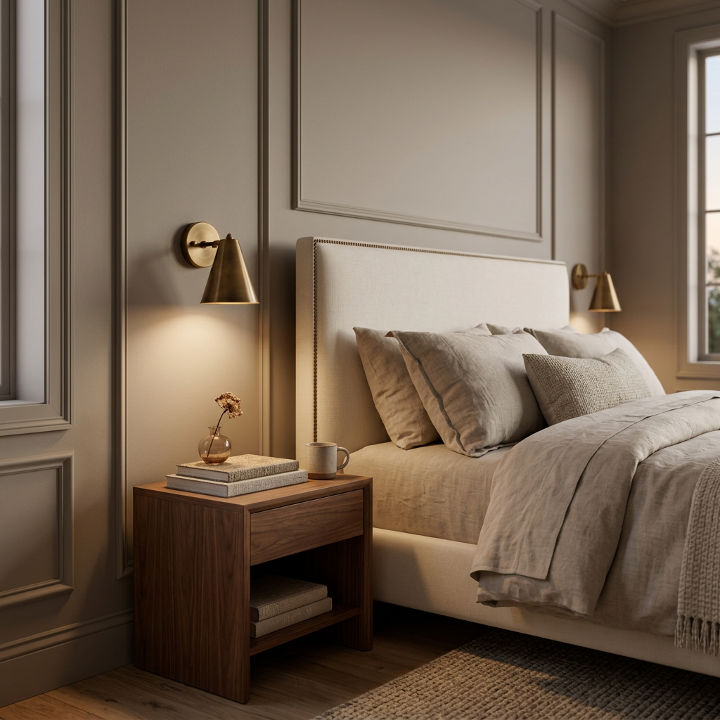 Tiltable brass wall light with tapered cone shade and round backplate for directional lighting