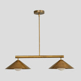 Brushed brass 2-light chandelier with twin cone shades, industrial-modern pendant lighting for cafes, dining rooms, and hotels.