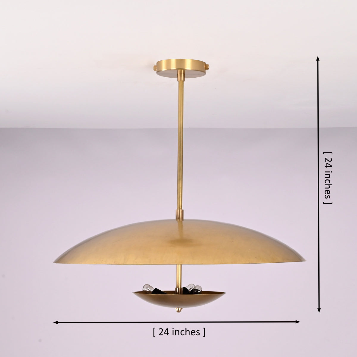 Brushed brass 3 light bowl pendant showing 24 inch width and 24 inch height with modern disc design.