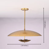 Brushed brass 3 light bowl pendant showing 24 inch width and 24 inch height with modern disc design.