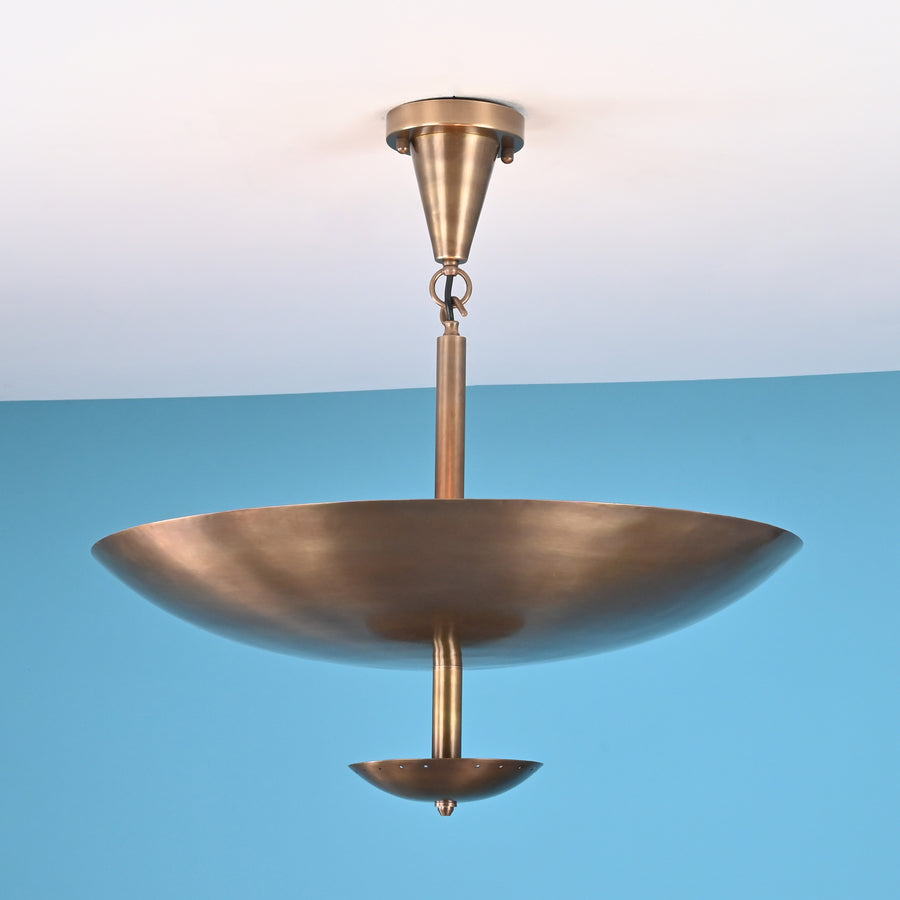 Handcrafted brushed brass bowl disc chandelier in solid brass with sculptural layered design and clean modern ceiling profile