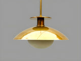 Brushed brass bowl pendant light with glass globe diffuser, handmade solid brass ceiling fixture by Brass Leaf Studio