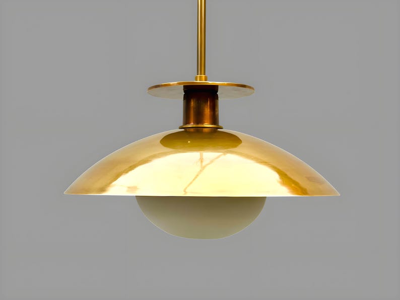 Brushed brass bowl pendant light with glass globe diffuser, handmade solid brass ceiling fixture by Brass Leaf Studio