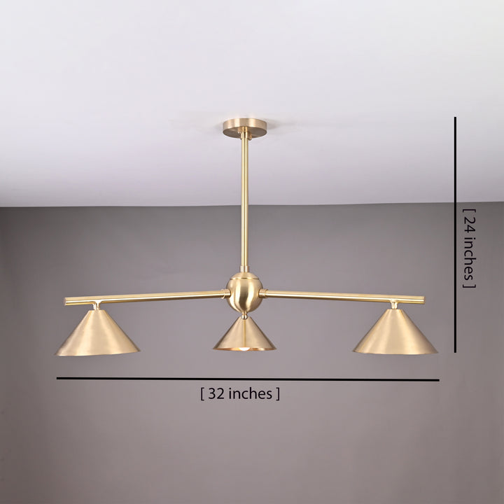 Brushed brass chandelier with cone shades displaying dimensions of 32 inches wide and 24 inches high, ideal for modern interiors and design planning
