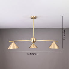 Brushed brass chandelier with cone shades displaying dimensions of 32 inches wide and 24 inches high, ideal for modern interiors and design planning