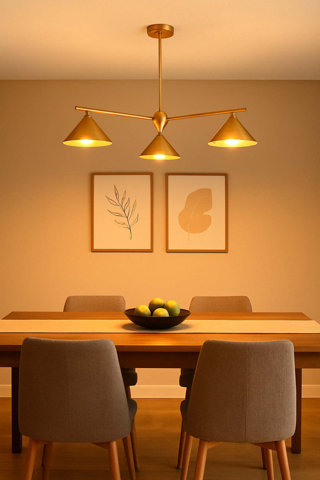 Warm-lit brushed brass chandelier with three cone shades installed above a modern dining table, perfect for cozy and elegant dining room settings