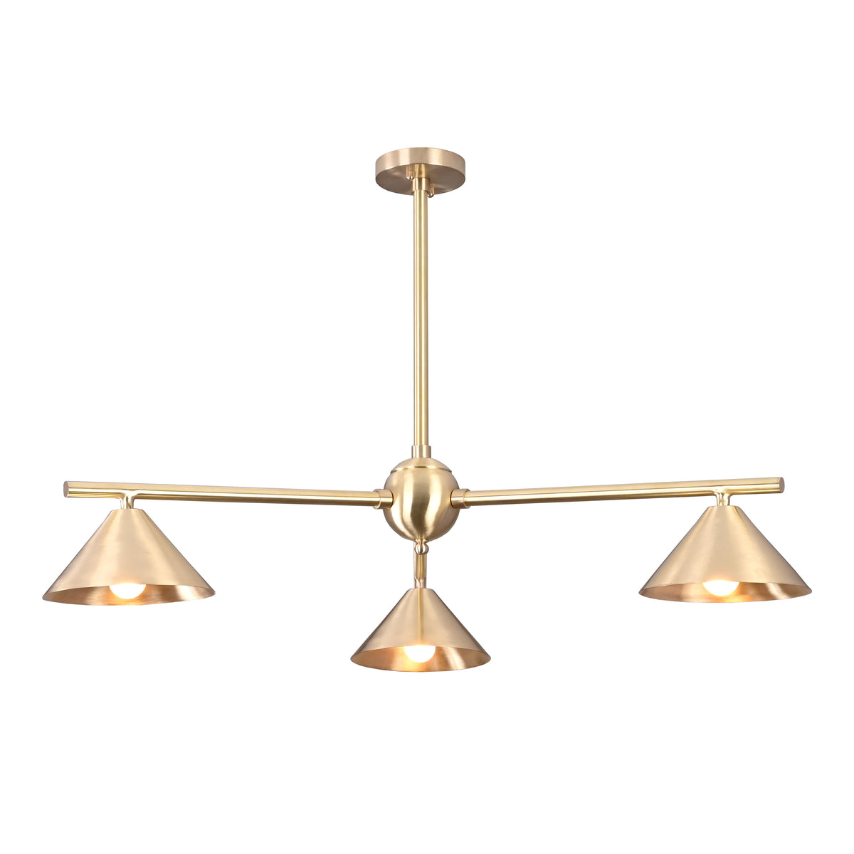 Front view of brushed brass chandelier with three cone-shaped shades, handcrafted modern ceiling light for dining and living areas