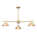 Front view of brushed brass chandelier with three cone-shaped shades, handcrafted modern ceiling light for dining and living areas