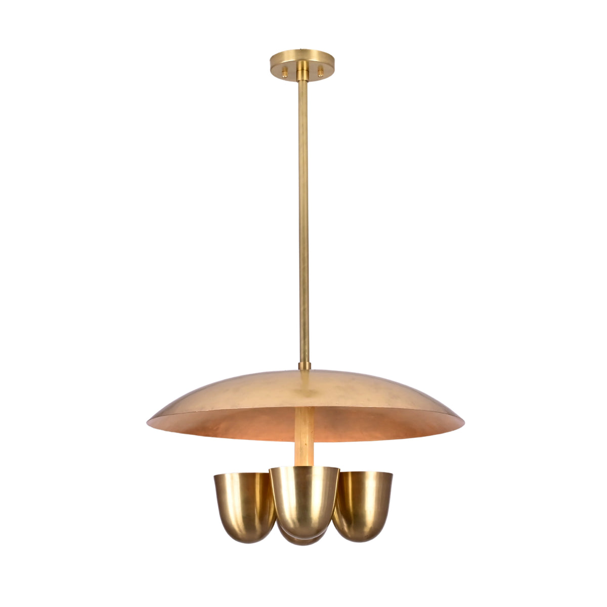 Modern brushed brass disc chandelier featuring four bowl shades and solid brass construction, elegant industrial hanging ceiling light