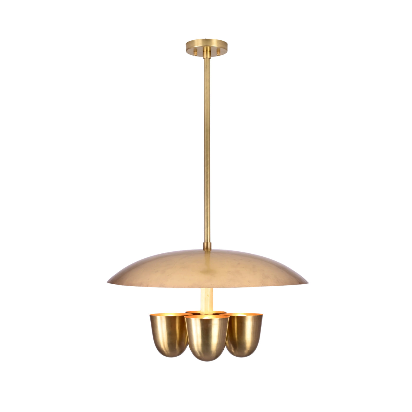 Handcrafted brushed brass disc chandelier with four bowl shaped shades, modern industrial ceiling light with minimalist design