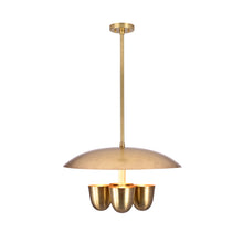 Handcrafted brushed brass disc chandelier with four bowl shaped shades, modern industrial ceiling light with minimalist design