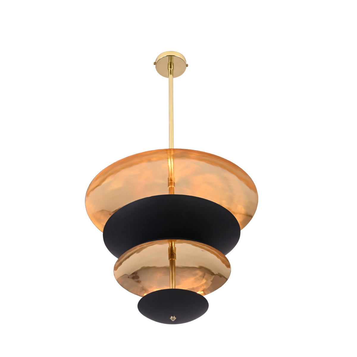 Close-up detail of brushed brass interior and black disc shades on a handcrafted modern chandelier