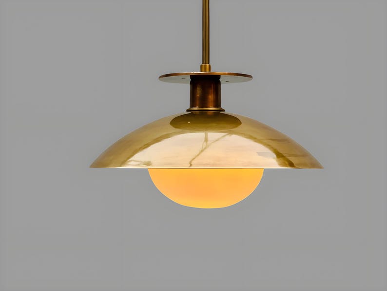 Brushed brass flush mount bowl ceiling light with glass globe, handcrafted solid brass lighting fixture