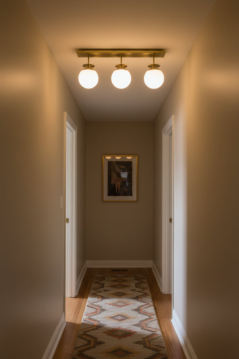 Brushed brass globe ceiling fixture with three white glass globes arranged in a clean linear design