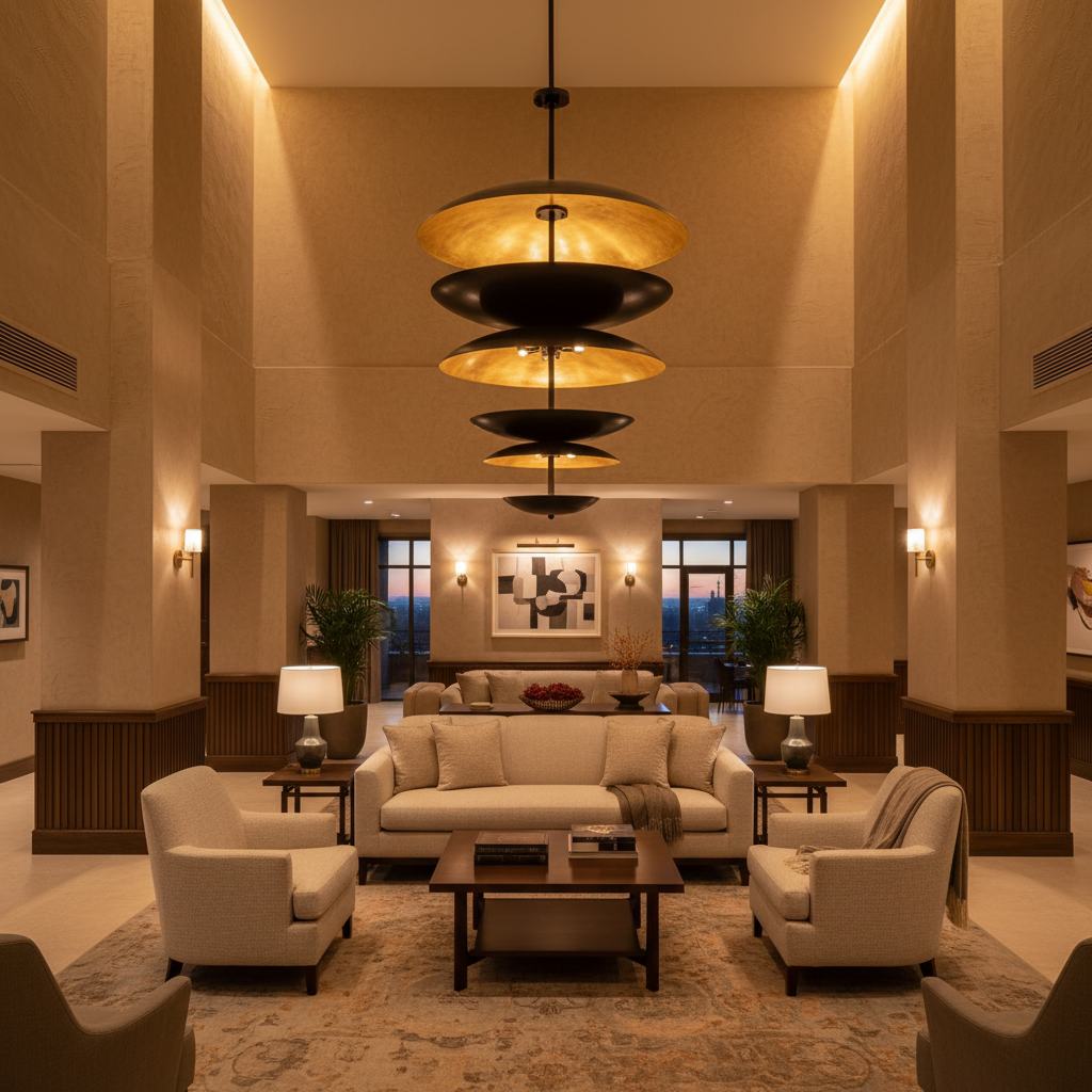 Close view of brass dome disc chandelier showing brushed brass inner surfaces and dark blackened outer finish