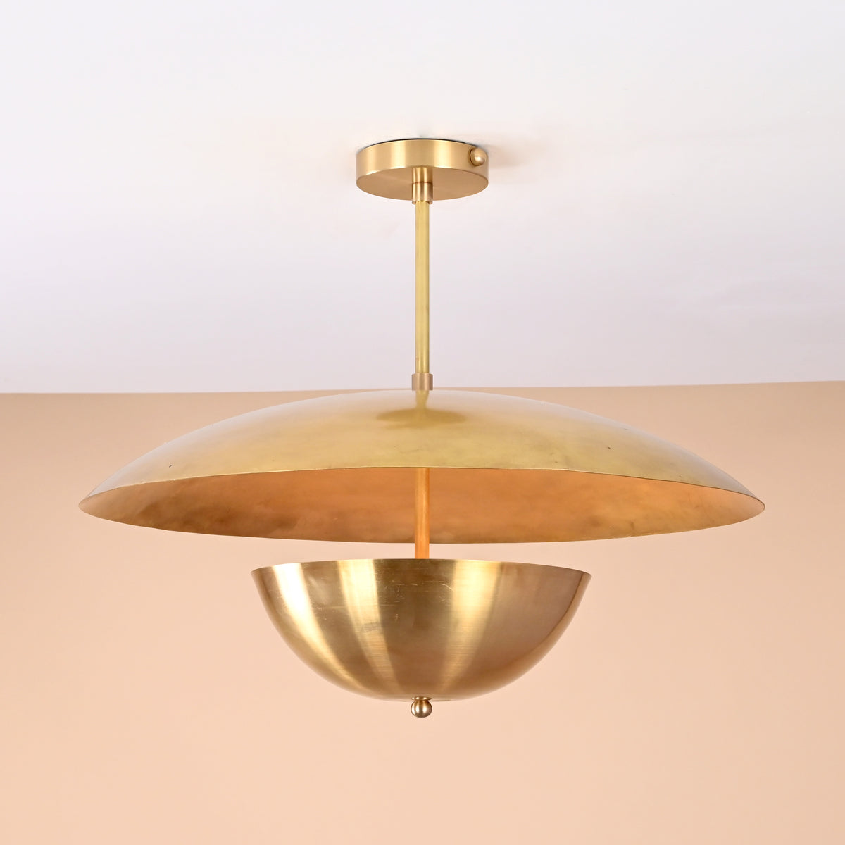 Side profile of dual dome brushed brass pendant light handcrafted by Brass Leaf Studio