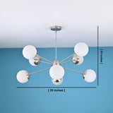 Brushed nickel globe chandelier with eight spherical lights, dimensions labeled as 35 inches wide and 24 inches high.