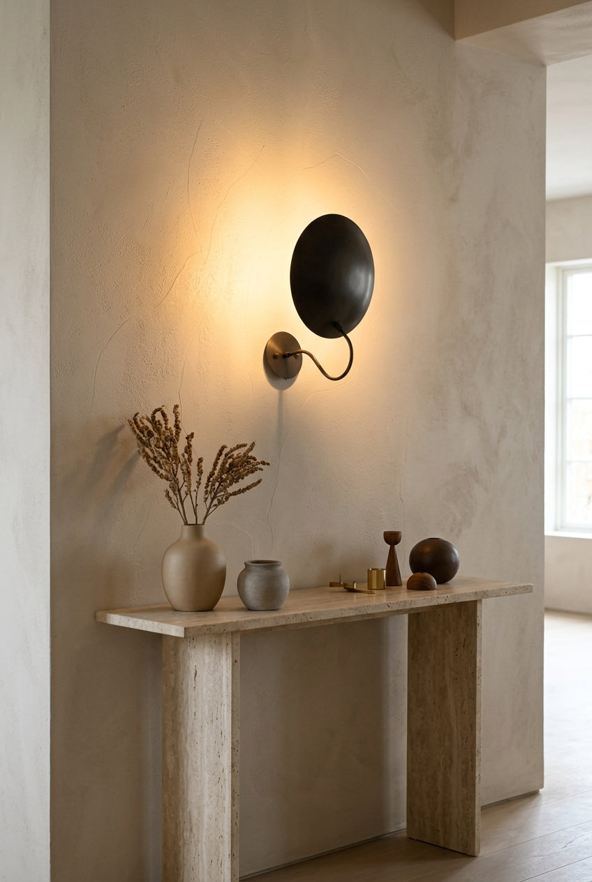 Blackened brass disc sconce casting a warm halo of light across a textured wall