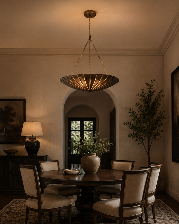 Cambria Modern Fluted Bowl Chandelier illuminating a contemporary dining room with warm ambient lighting