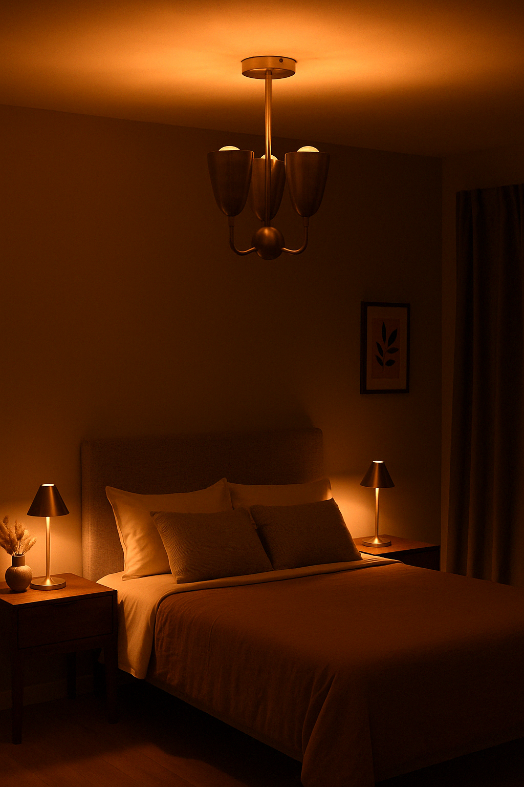 Close-up of brass cone pendant light showing shade texture and finish details