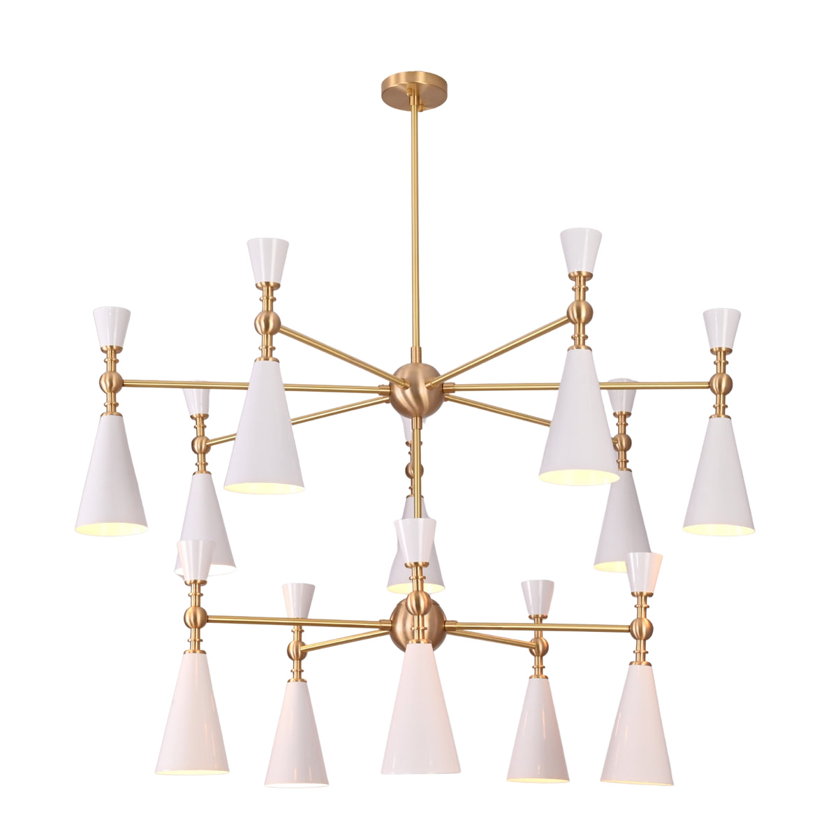 Celeste 12-light two-tier cone chandelier with white enamel shades and brushed brass frame in a luxury living room interior