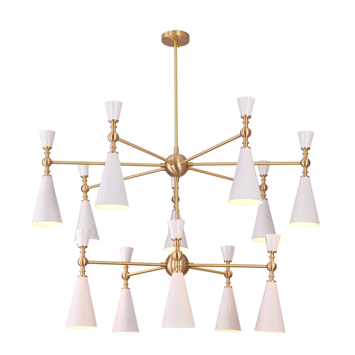 Celeste 12-light two-tier cone chandelier with white enamel shades and brushed brass frame in a luxury living room interior