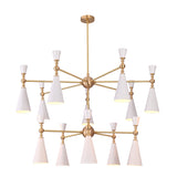 Celeste 12-light two-tier cone chandelier with white enamel shades and brushed brass frame in a luxury living room interior