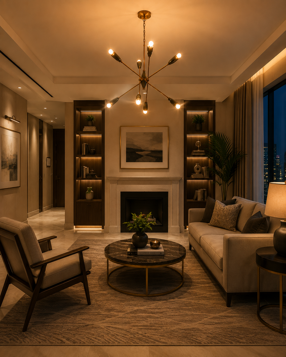 8-light Sputnik chandelier with mint green holders and brass tone arms shown in a warm living room interior
