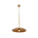 Chain hung brass pendant light with shallow dome shade, ideal for dining table, breakfast nook, and cozy interiors