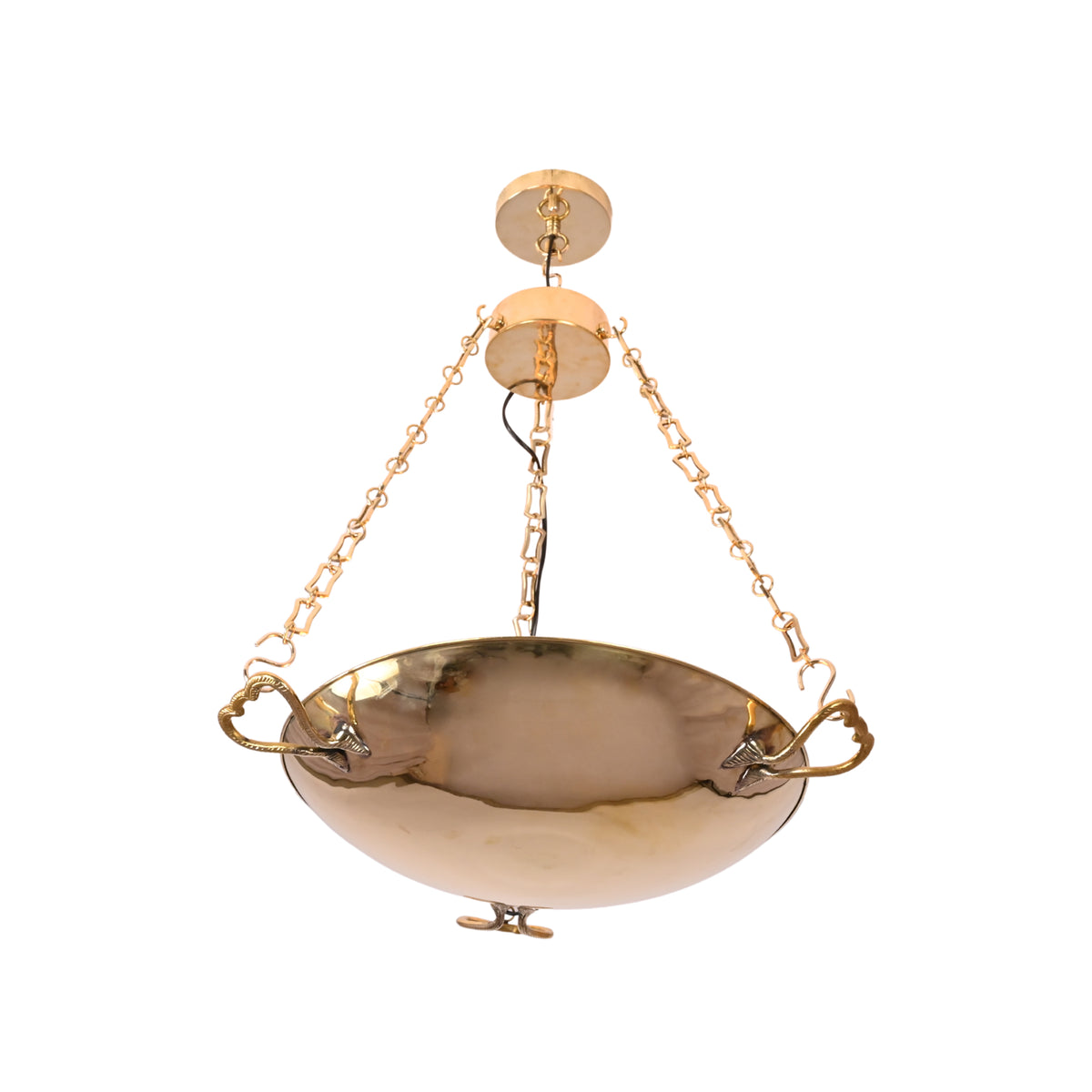 Chain suspended bowl chandelier with round ceiling canopy and decorative brass links for traditional luxury interiors